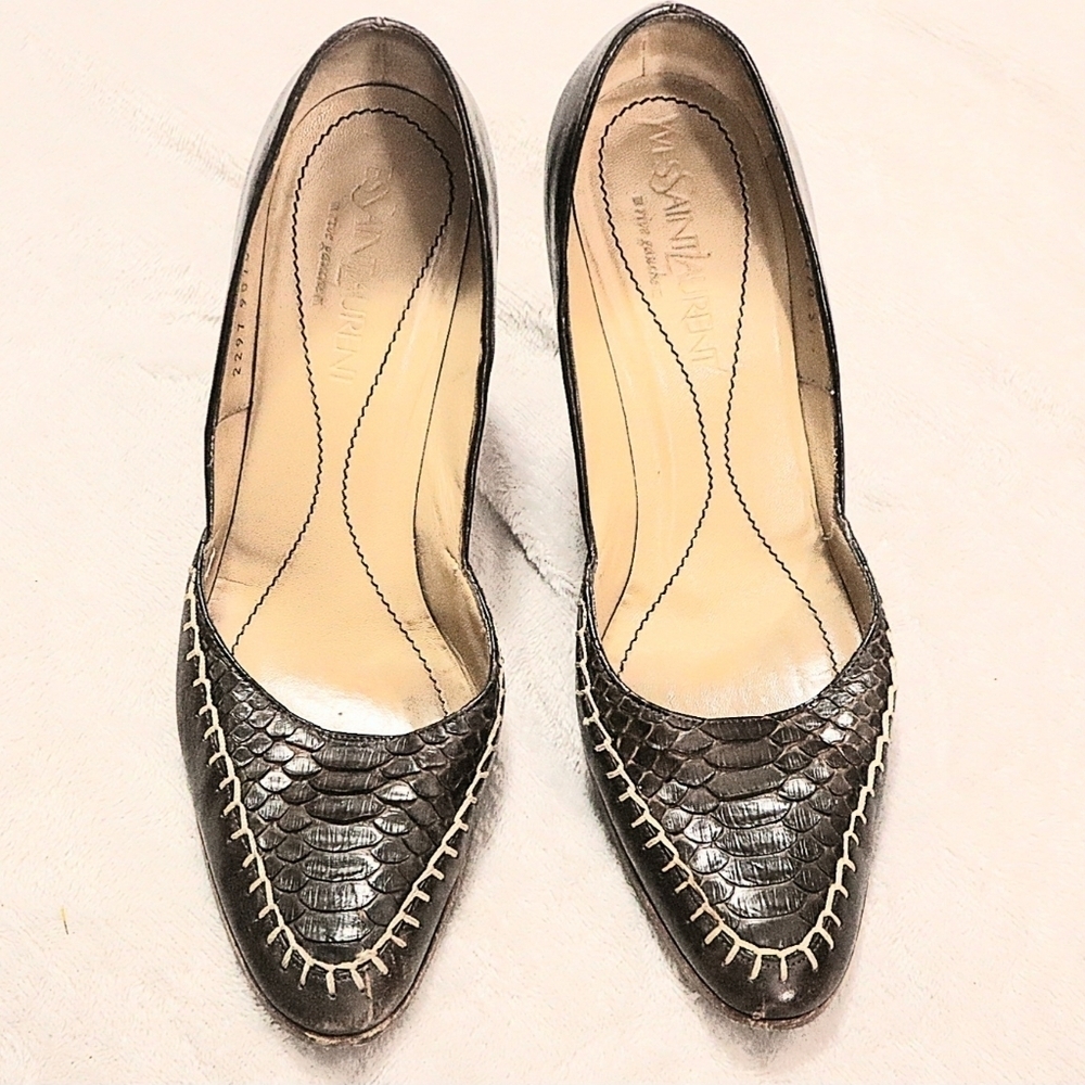 VINTAGE YSL HEELS 37.5/7 Yves Saint Laurent Brown Classic Exotic Leather 80s 90s - Picture 8 of 10